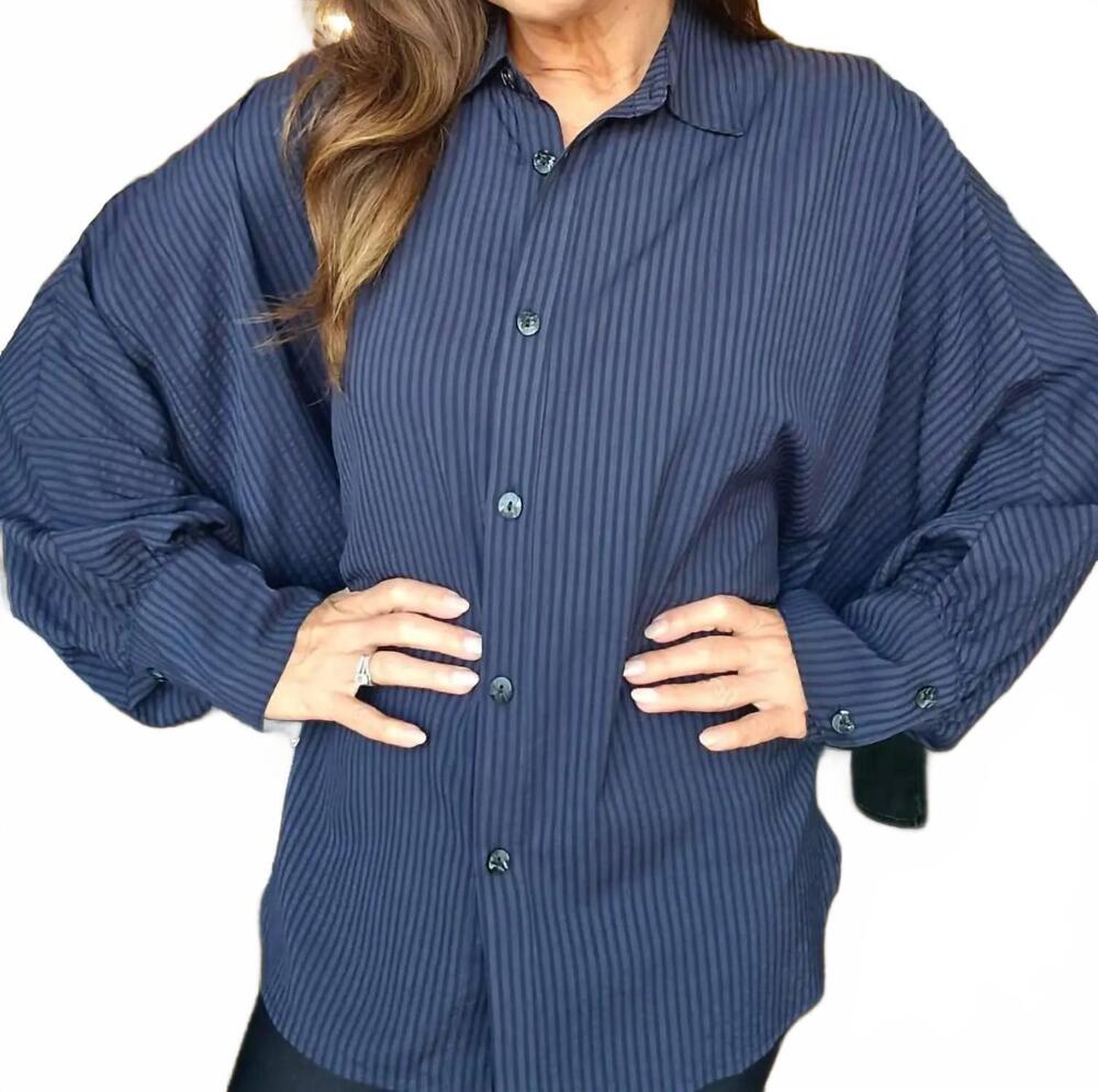 NEW LIOR cindy oversized striped dolman sleeve button front top in navy